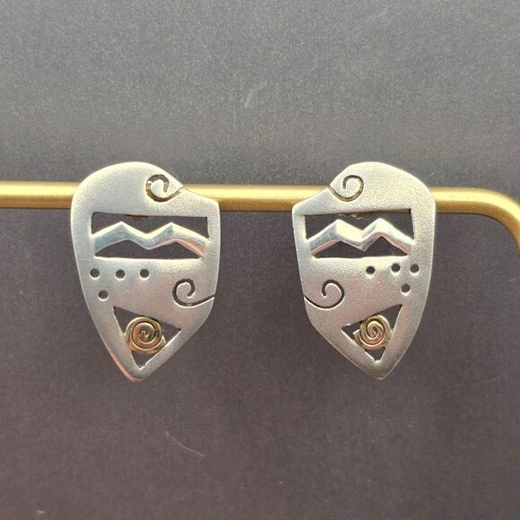 VTG Sterling Silver Abstract Post Earrings 1" Gold Accent Swirl 4.72g - Picture 7 of 7